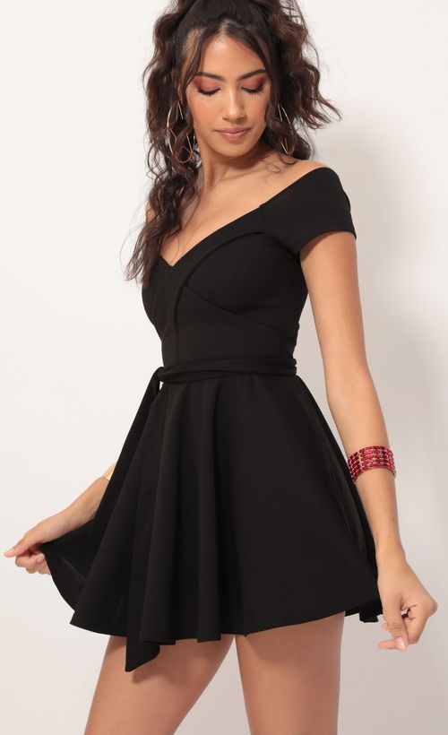 Picture Ambrose Pleated A-line Dress in Black. Source: https://media.lucyinthesky.com/data/Dec19_1/500xAUTO/781A0341.JPG