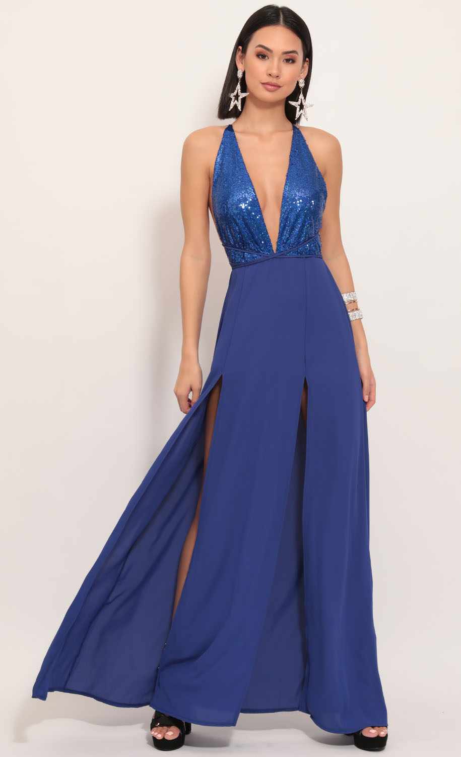 royal blue sequin v neck maxi dress