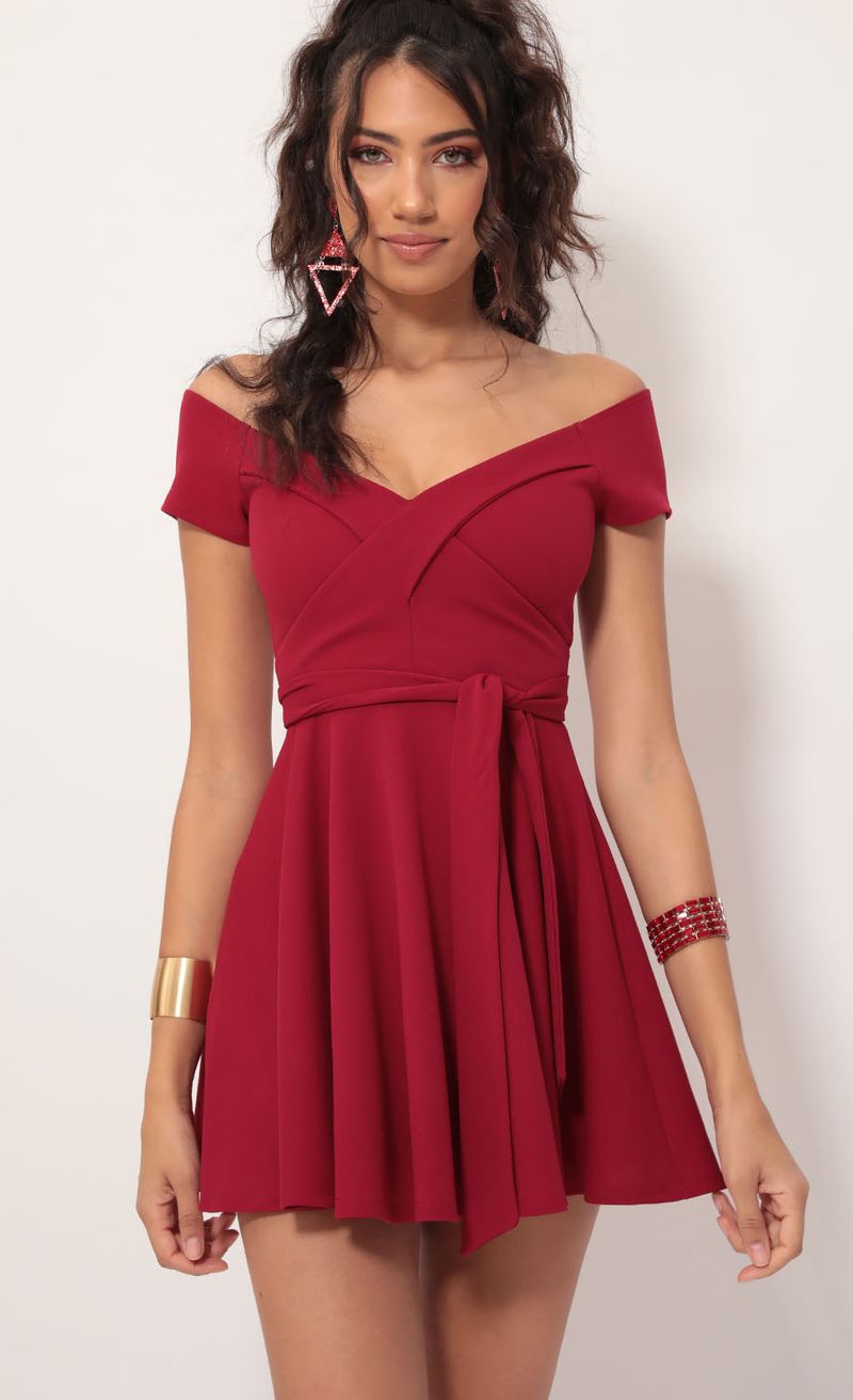 Picture Ambrose Pleated A-line Dress in Red. Source: https://media.lucyinthesky.com/data/Dec19_1/800xAUTO/781A0181.JPG