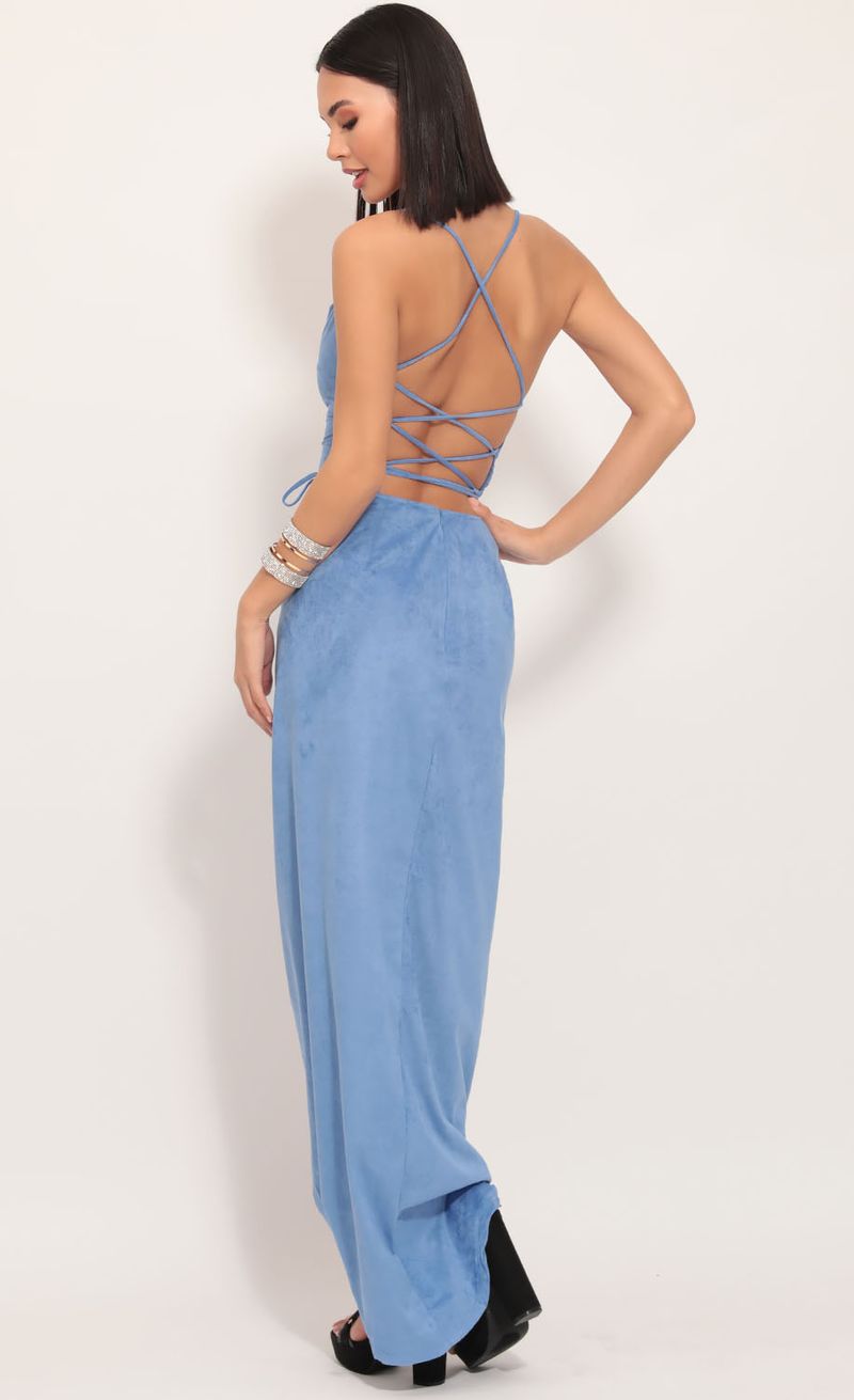 Picture Suede Luxe Maxi Dress in Porcelain Blue. Source: https://media.lucyinthesky.com/data/Dec19_1/800xAUTO/781A1506.JPG