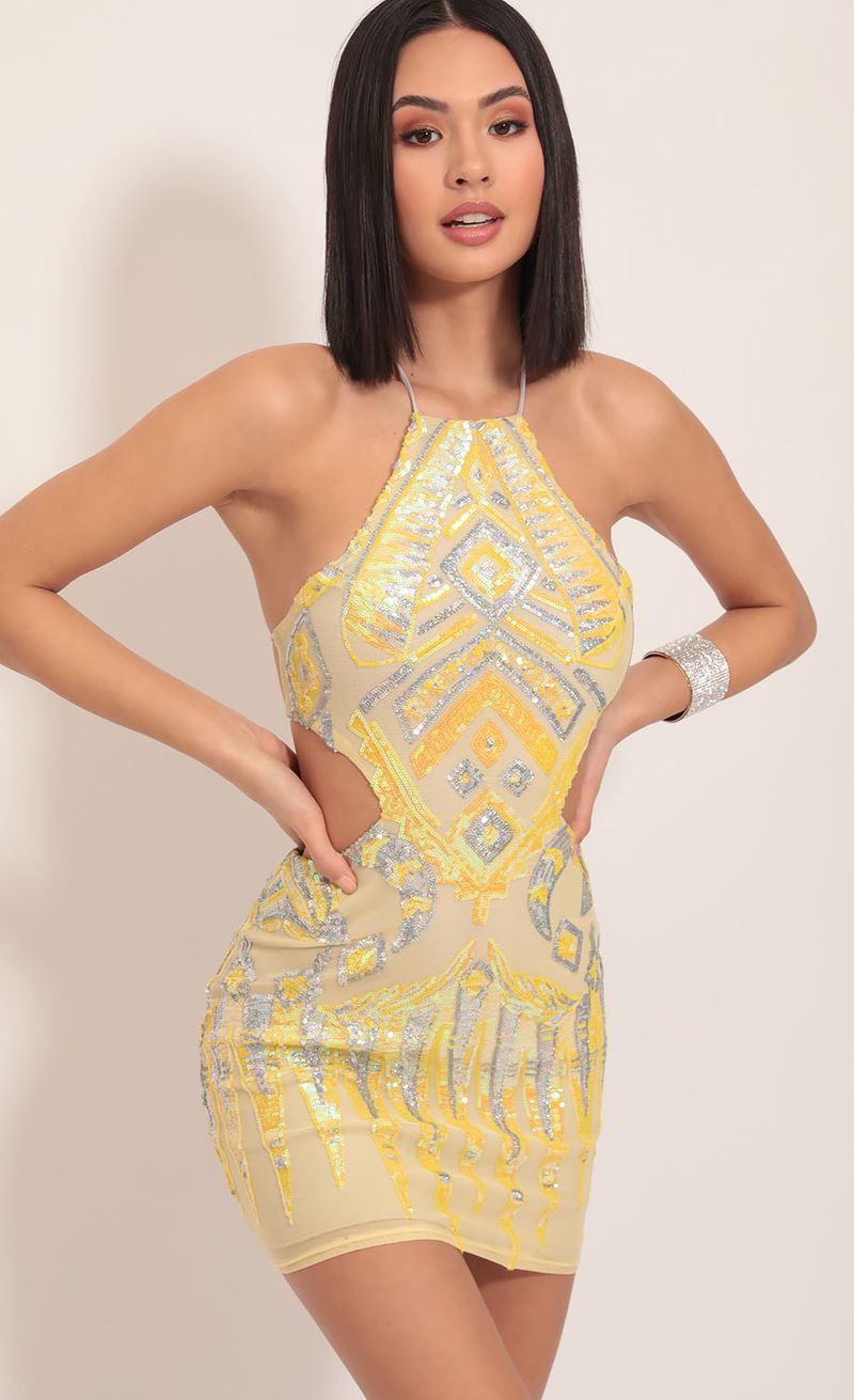 Picture Enchanting Halter Sequin Cutout Dress in Yellow. Source: https://media.lucyinthesky.com/data/Dec19_1/800xAUTO/781A2545.JPG