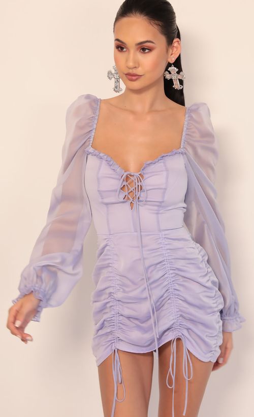 Picture Couture Chiffon Puff Sleeve Dress in Lavender. Source: https://media.lucyinthesky.com/data/Dec19_2/500xAUTO/781A3773.JPG