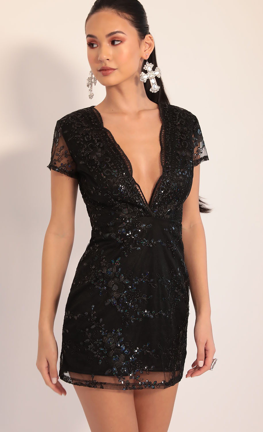 black glitter plunge dress