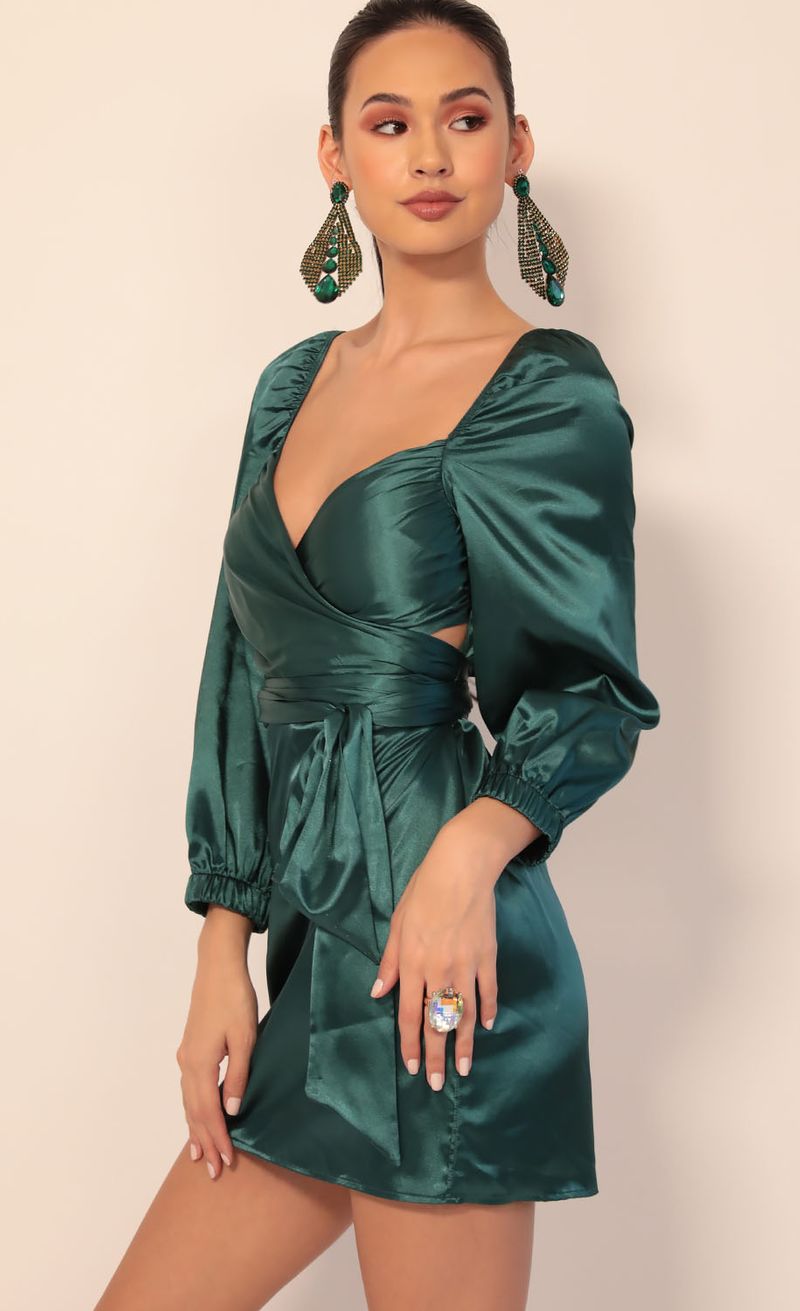 Miley Puff Sleeve Wrap Dress in Hunter Green | Lucy in the Sky