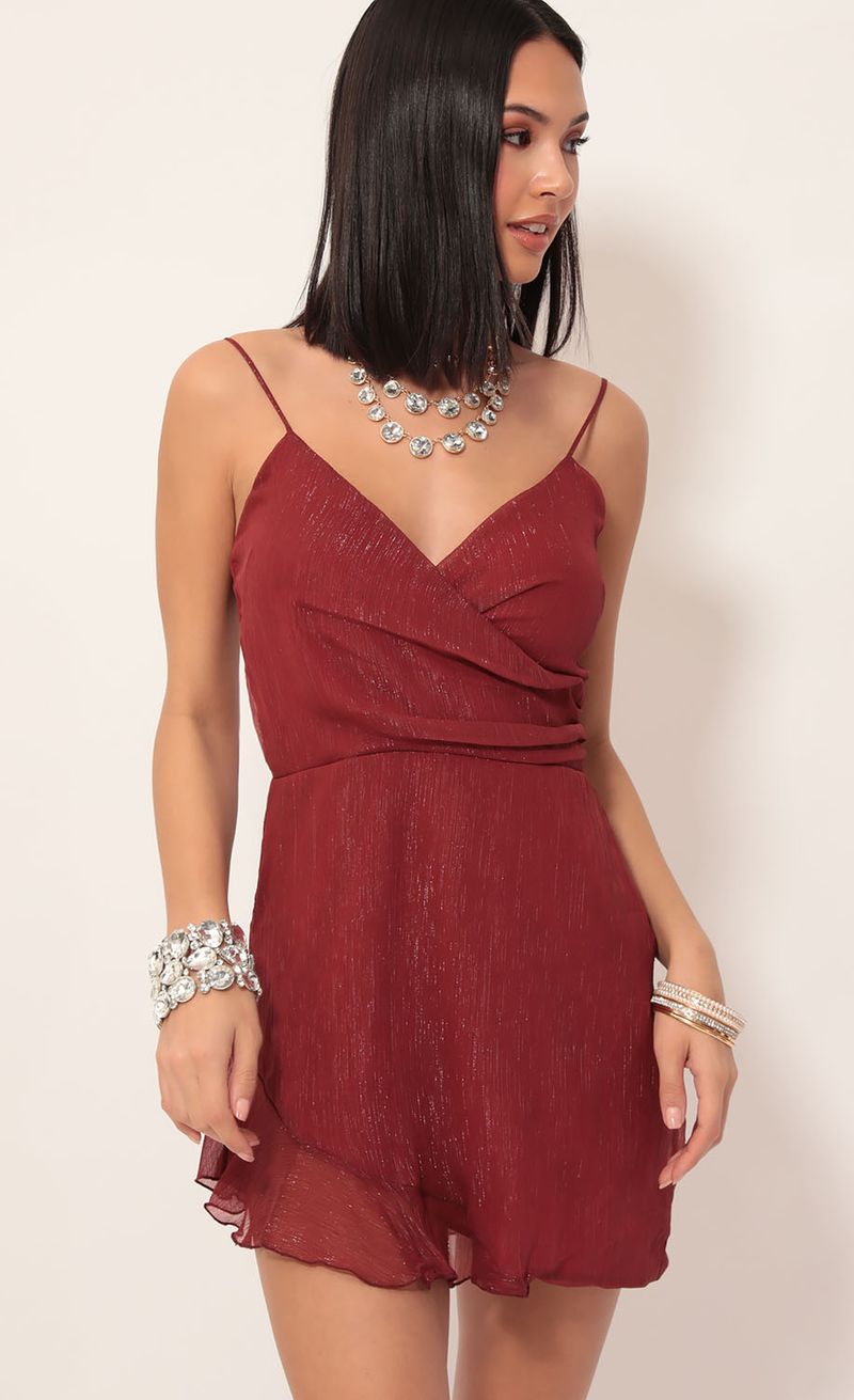Picture Kayden Shimmer Chiffon Frill Dress in Deep Red. Source: https://media.lucyinthesky.com/data/Dec19_2/800xAUTO/781A7644.JPG