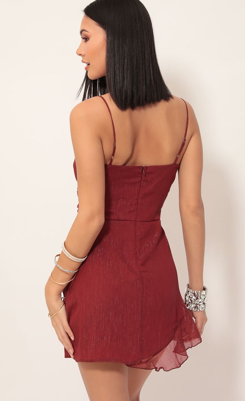Picture Kayden Shimmer Chiffon Frill Dress in Deep Red. Source: https://media.lucyinthesky.com/data/Dec19_2/800xAUTO/781A7673.JPG