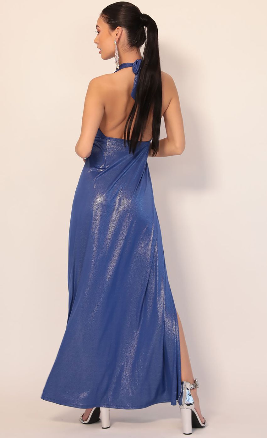 Picture Halsey Halter Maxi Dress in Royal Shimmer. Source: https://media.lucyinthesky.com/data/Dec19_2/850xAUTO/781A3546.JPG