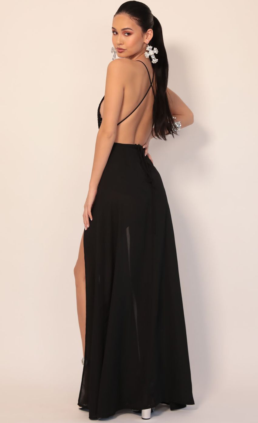 Picture Allure Sequin Maxi Dress in Black Silver. Source: https://media.lucyinthesky.com/data/Dec19_2/850xAUTO/781A3708.JPG
