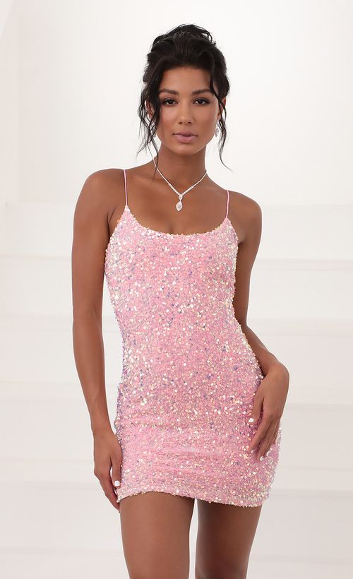 Picture Iridescent Sequin Bodycon Dress in Pink. Source: https://media.lucyinthesky.com/data/Dec20_1/500xAUTO/781A7796.JPG