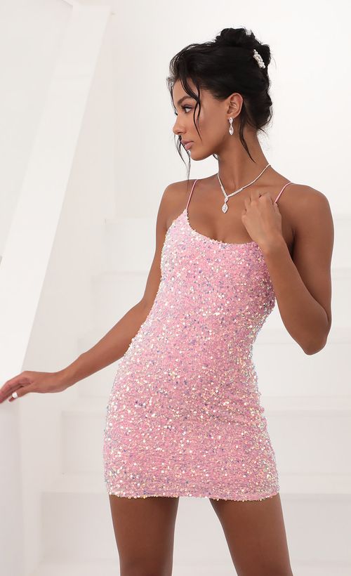 Picture Iridescent Sequin Bodycon Dress in Pink. Source: https://media.lucyinthesky.com/data/Dec20_1/500xAUTO/781A7820.JPG