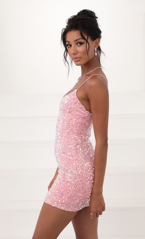 Picture Iridescent Sequin Bodycon Dress in Pink. Source: https://media.lucyinthesky.com/data/Dec20_1/500xAUTO/781A7859.JPG