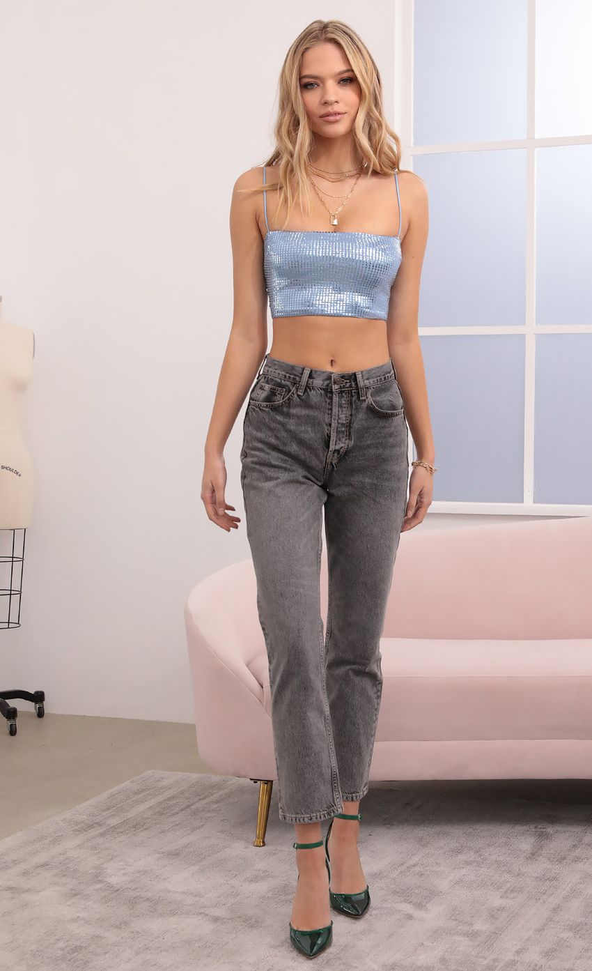 Picture Kyra Mirror Sequin Strappy Crop Top in Blue. Source: https://media.lucyinthesky.com/data/Dec20_1/850xAUTO/1V9A0176.JPG