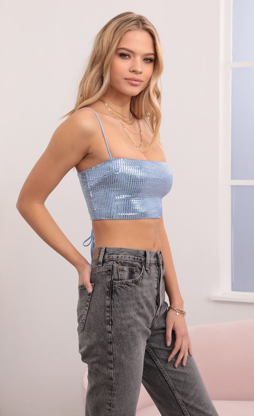 Picture Kyra Mirror Sequin Strappy Crop Top in Blue. Source: https://media.lucyinthesky.com/data/Dec20_1/850xAUTO/1V9A0223.JPG