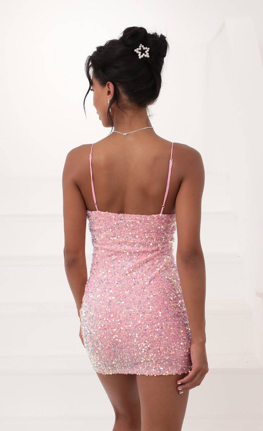 Picture Iridescent Sequin Bodycon Dress in Pink. Source: https://media.lucyinthesky.com/data/Dec20_1/850xAUTO/781A7912.JPG