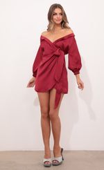 Picture Lorella Off Shoulder Wrap Dress in Satin Rust. Source: https://media.lucyinthesky.com/data/Dec20_2/150xAUTO/1V9A0213.JPG