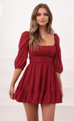 Picture Neia Ruffle Dress in Burgundy. Source: https://media.lucyinthesky.com/data/Dec20_2/150xAUTO/1V9A7053.JPG