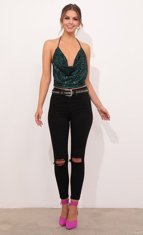 Picture Strappy Cowl Neck Top In Emerald Sequin. Source: https://media.lucyinthesky.com/data/Dec20_2/500xAUTO/1V9A1195.JPG