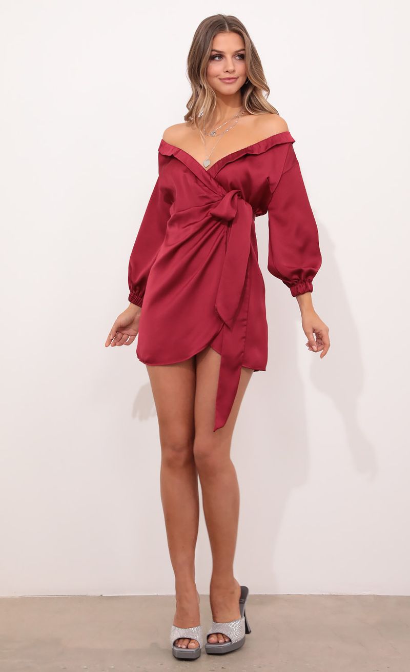 Picture Lorella Off Shoulder Wrap Dress in Burgundy. Source: https://media.lucyinthesky.com/data/Dec20_2/800xAUTO/1V9A0213.JPG