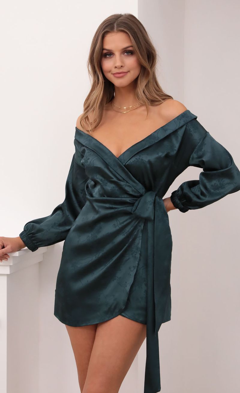 Picture Lorella Off Shoulder Wrap Dress in Green Jacquard. Source: https://media.lucyinthesky.com/data/Dec20_2/800xAUTO/1V9A6925.JPG