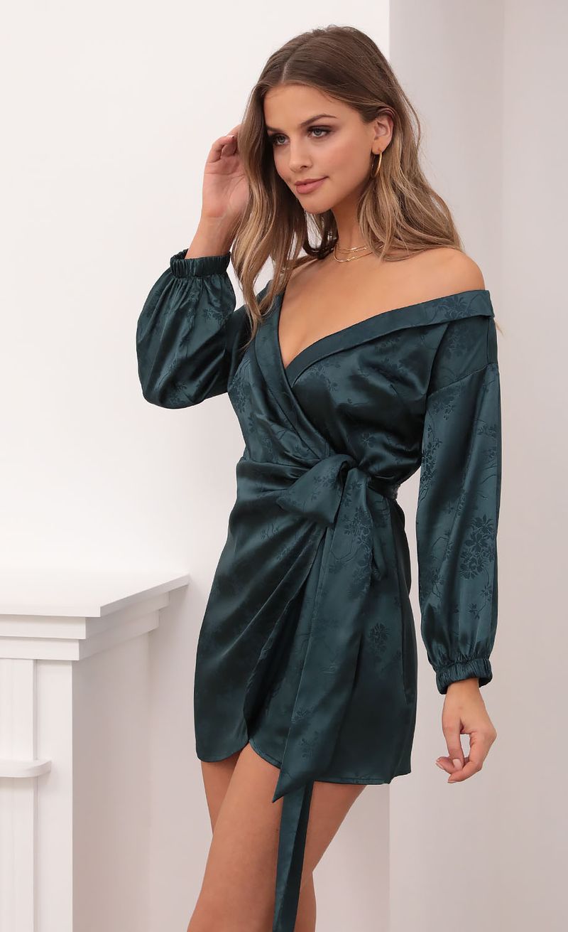 Picture Lorella Off Shoulder Wrap Dress in Green Jacquard. Source: https://media.lucyinthesky.com/data/Dec20_2/800xAUTO/1V9A6935.JPG