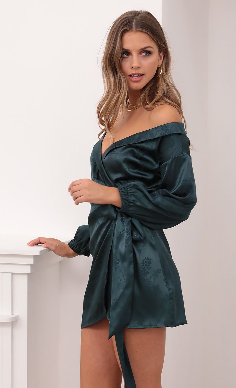 Picture Lorella Off Shoulder Wrap Dress in Green Jacquard. Source: https://media.lucyinthesky.com/data/Dec20_2/800xAUTO/1V9A6946.JPG