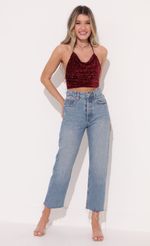 Picture Tali Iridescent Sequin Halter Top in Red. Source: https://media.lucyinthesky.com/data/Dec21_1/150xAUTO/1V9A4741.JPG