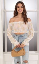 Picture Wild Thoughts Off Shoulder Top in White and Gold. Source: https://media.lucyinthesky.com/data/Dec21_1/150xAUTO/1V9A6641.JPG