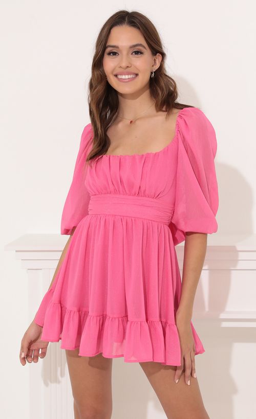 Picture Neia Ruffle Chiffon Dress in Hot Pink. Source: https://media.lucyinthesky.com/data/Dec21_1/500xAUTO/1V9A3668.JPG