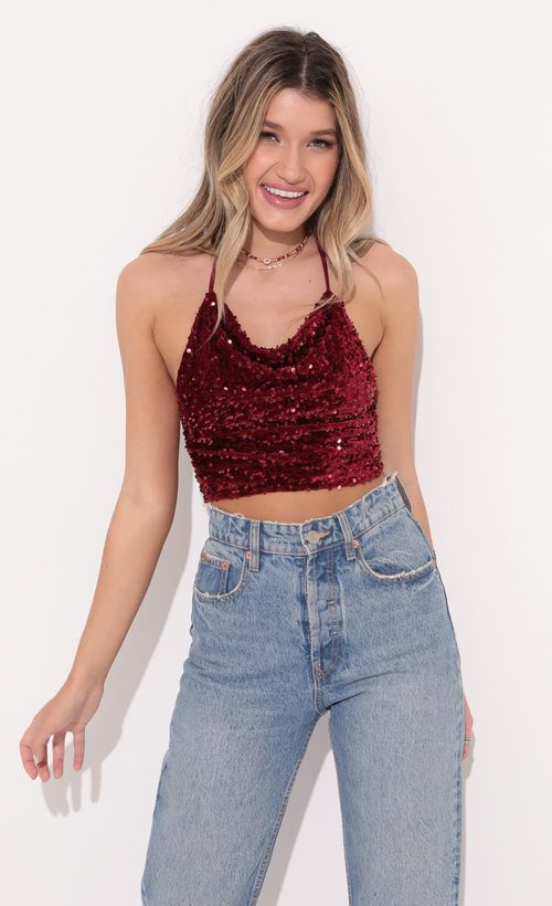 Picture Tali Iridescent Sequin Halter Top in Red. Source: https://media.lucyinthesky.com/data/Dec21_1/500xAUTO/1V9A4794.JPG