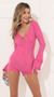 Picture Tinny Belle Sleeve Suede Romper in Pink. Source: https://media.lucyinthesky.com/data/Dec21_1/50x90/1V9A5216.JPG