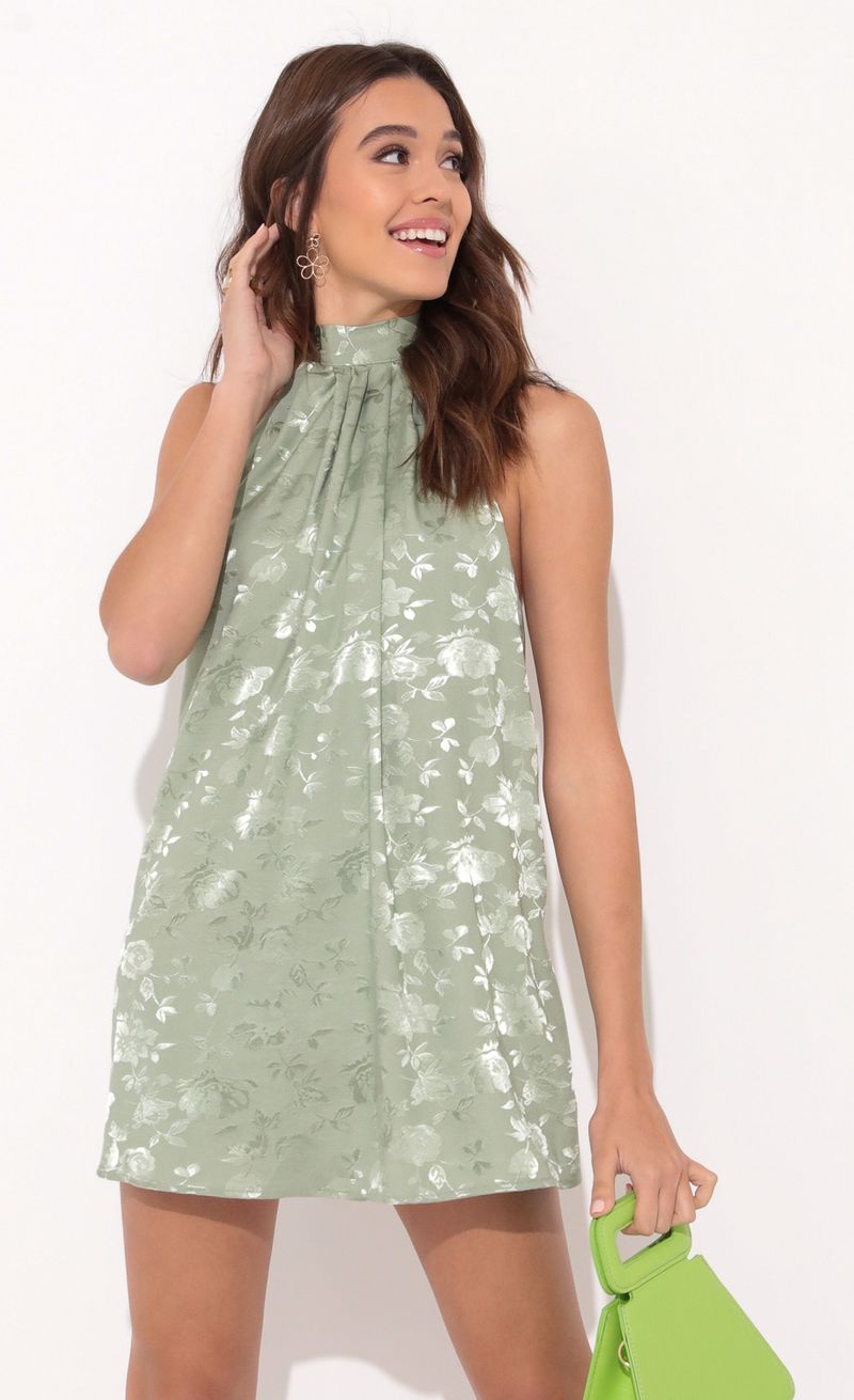 Picture Midnight Satin Halter Dress In Floral Green. Source: https://media.lucyinthesky.com/data/Dec21_1/800xAUTO/1V9A0069.JPG