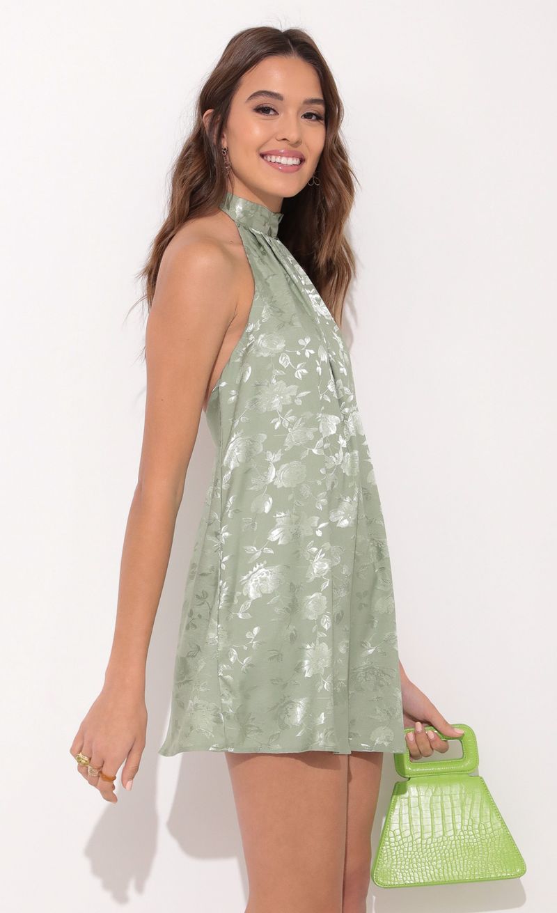 Picture Midnight Satin Halter Dress In Floral Green. Source: https://media.lucyinthesky.com/data/Dec21_1/800xAUTO/1V9A0109.JPG
