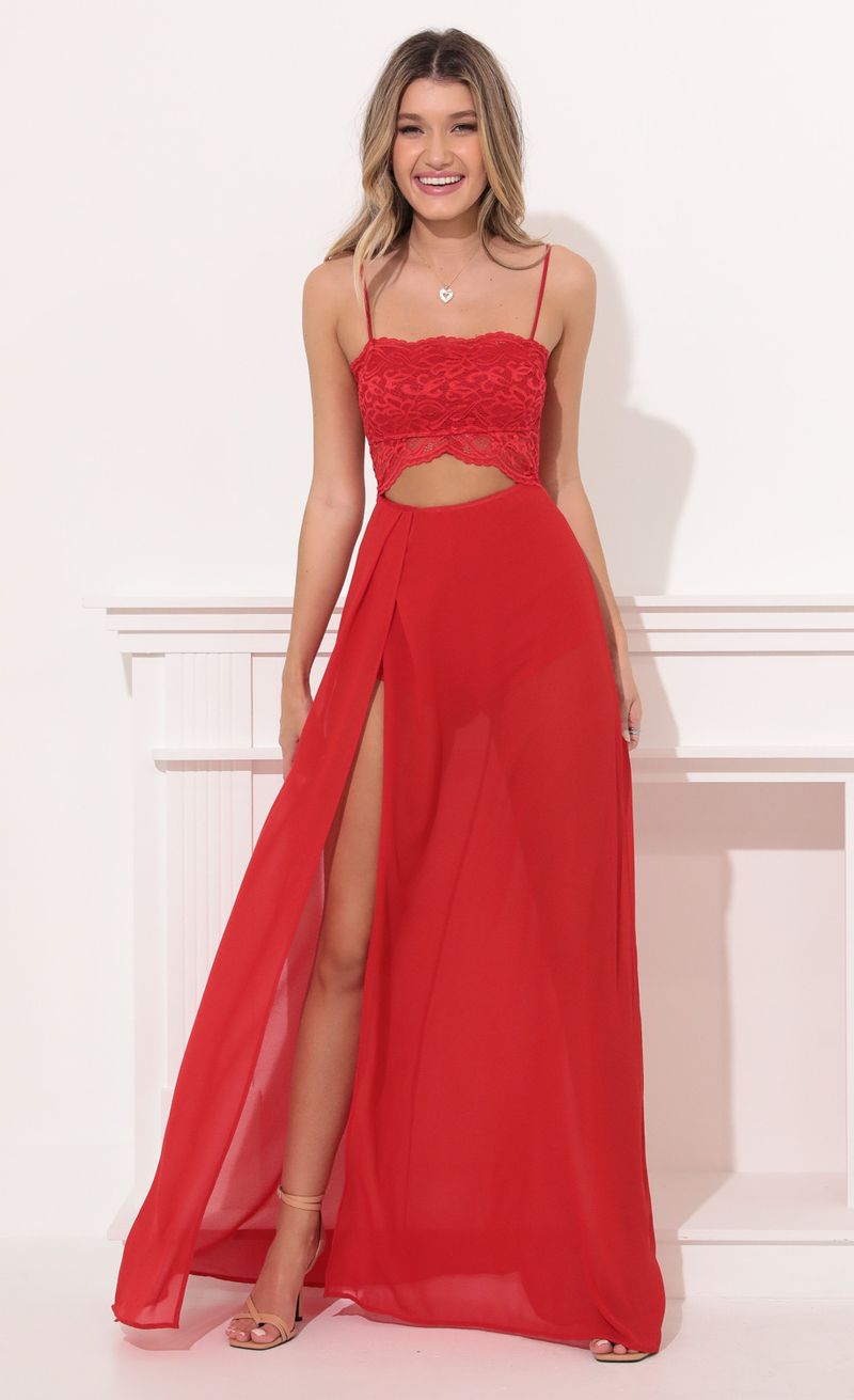 Picture Janice Cutout Maxi Dress in Red Lace. Source: https://media.lucyinthesky.com/data/Dec21_1/800xAUTO/1V9A5556.JPG