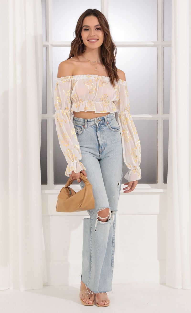 Picture Wild Thoughts Off Shoulder Top in White and Gold. Source: https://media.lucyinthesky.com/data/Dec21_1/800xAUTO/1V9A6598.JPG