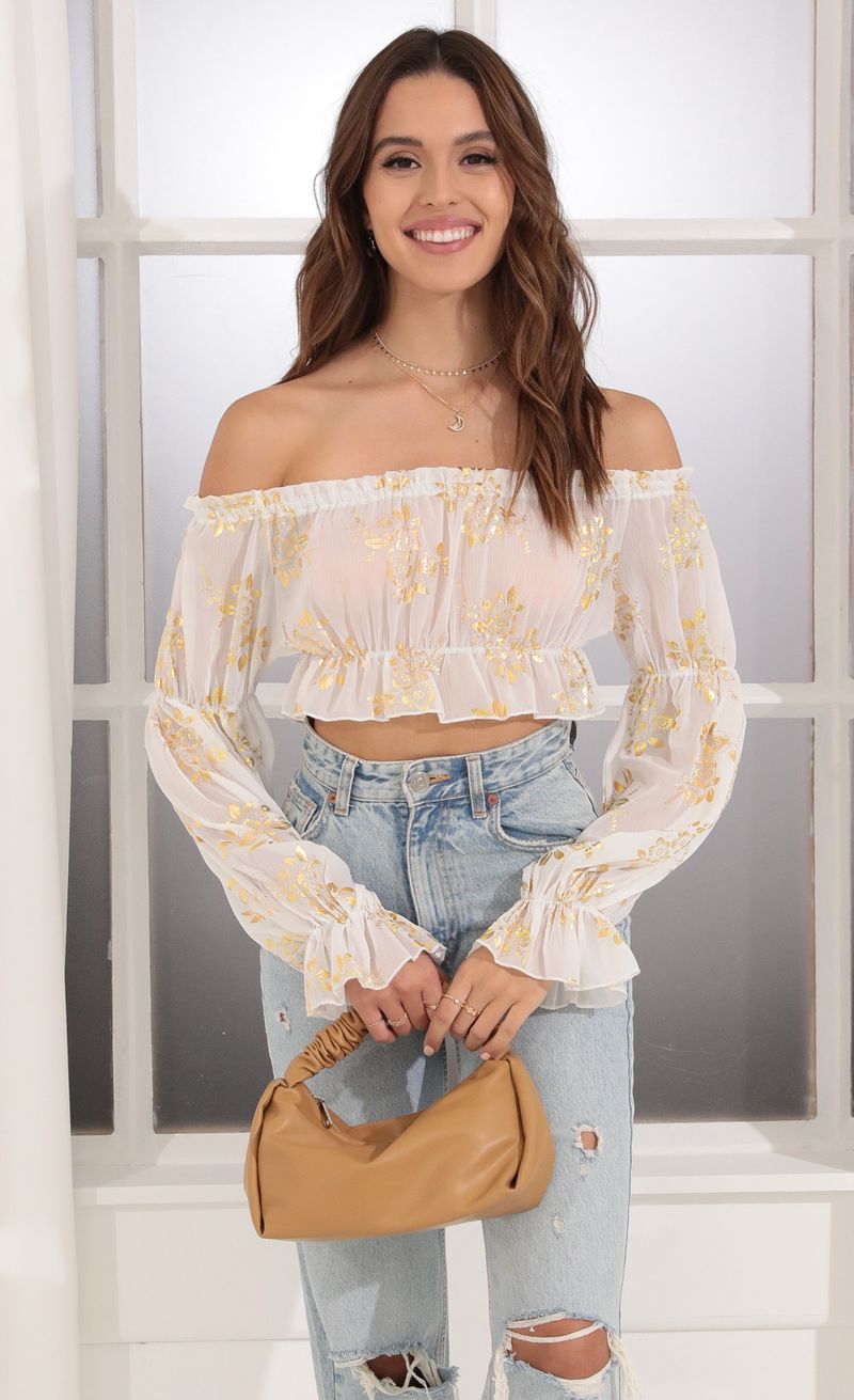Picture Wild Thoughts Off Shoulder Top in White and Gold. Source: https://media.lucyinthesky.com/data/Dec21_1/800xAUTO/1V9A6641.JPG
