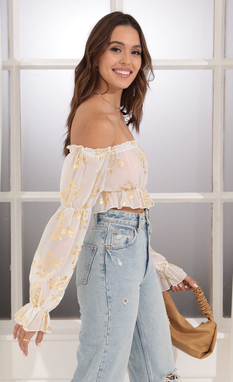 Picture Wild Thoughts Off Shoulder Top in White and Gold. Source: https://media.lucyinthesky.com/data/Dec21_1/800xAUTO/1V9A6688.JPG