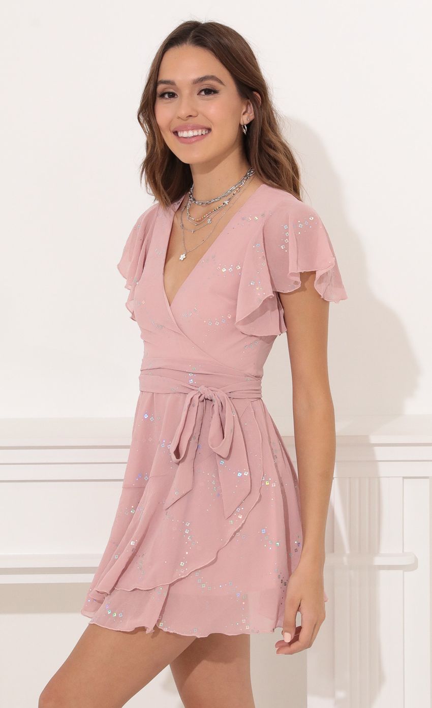 Picture Eliza Wrap Dress in Pink. Source: https://media.lucyinthesky.com/data/Dec21_1/850xAUTO/1V9A4626.JPG