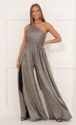 Picture Mary One Shoulder Jumpsuit in Silver Shimmer. Source: https://media.lucyinthesky.com/data/Dec21_2/150xAUTO/1V9A5139.JPG