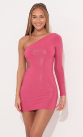 Picture thumb Addison One Shoulder Cutout Dress in Shimmer Pink. Source: https://media.lucyinthesky.com/data/Dec21_2/170xAUTO/1V9A1490.JPG