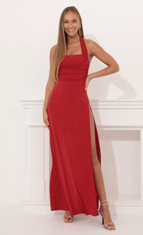 Picture Celestina Maxi Dress in Red Shimmer. Source: https://media.lucyinthesky.com/data/Dec21_2/500xAUTO/1V9A0039.JPG