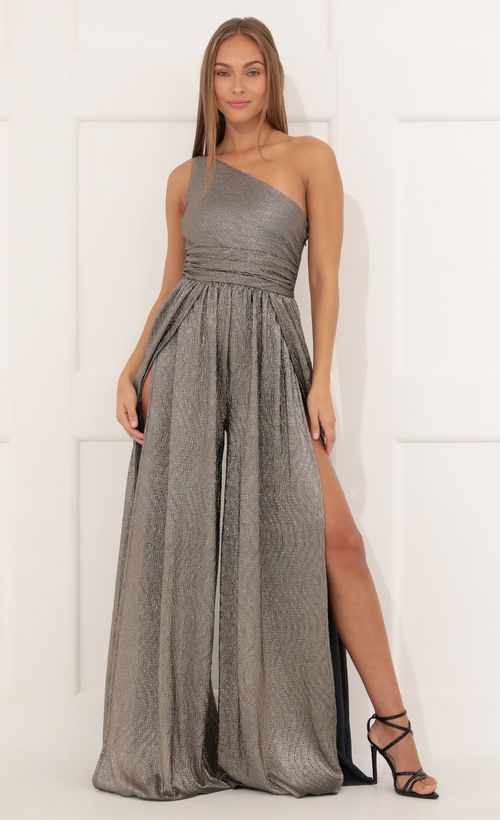 Picture Mary One Shoulder Jumpsuit in Silver Shimmer. Source: https://media.lucyinthesky.com/data/Dec21_2/500xAUTO/1V9A5112.JPG
