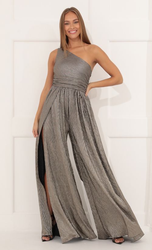 Picture Mary One Shoulder Jumpsuit in Silver Shimmer. Source: https://media.lucyinthesky.com/data/Dec21_2/500xAUTO/1V9A5139.JPG