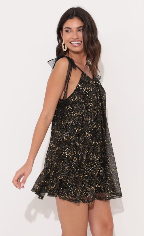 Picture Zoe Shoulder Tie Dress in Shimmer Black. Source: https://media.lucyinthesky.com/data/Dec21_2/500xAUTO/1V9A9875.JPG