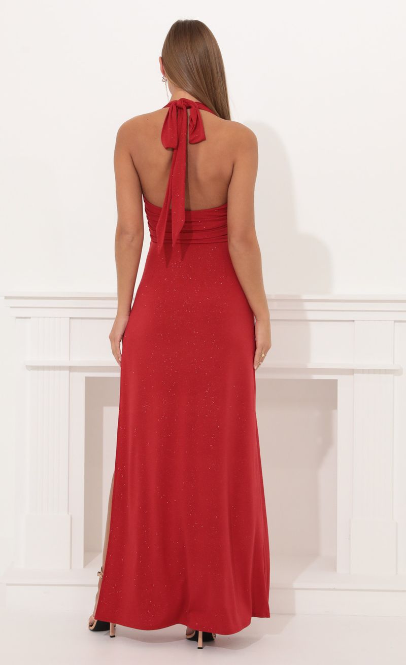 Picture Celestina Maxi Dress in Red Shimmer. Source: https://media.lucyinthesky.com/data/Dec21_2/800xAUTO/1V9A0105.JPG