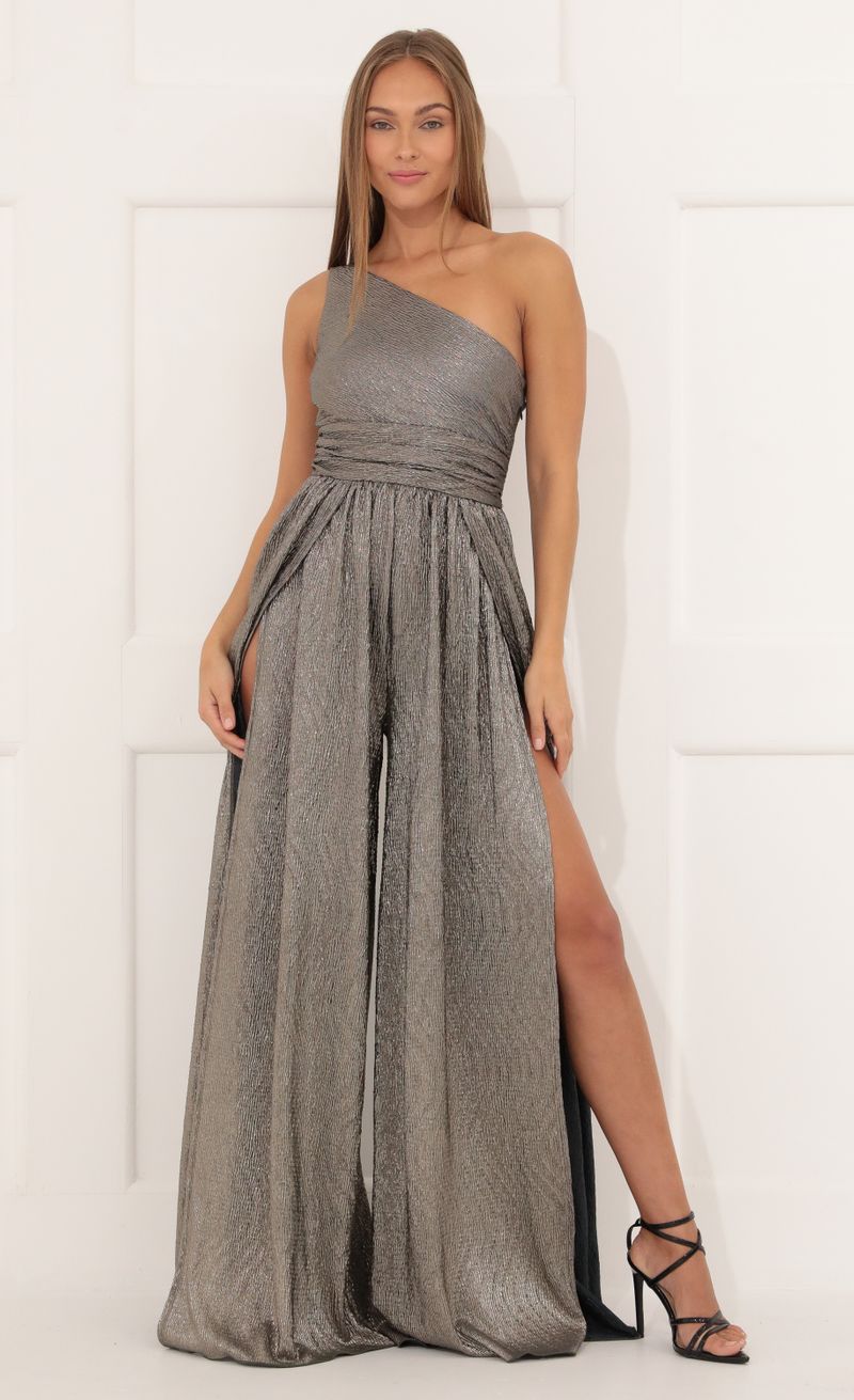Picture Mary One Shoulder Jumpsuit in Silver Shimmer. Source: https://media.lucyinthesky.com/data/Dec21_2/800xAUTO/1V9A5112.JPG