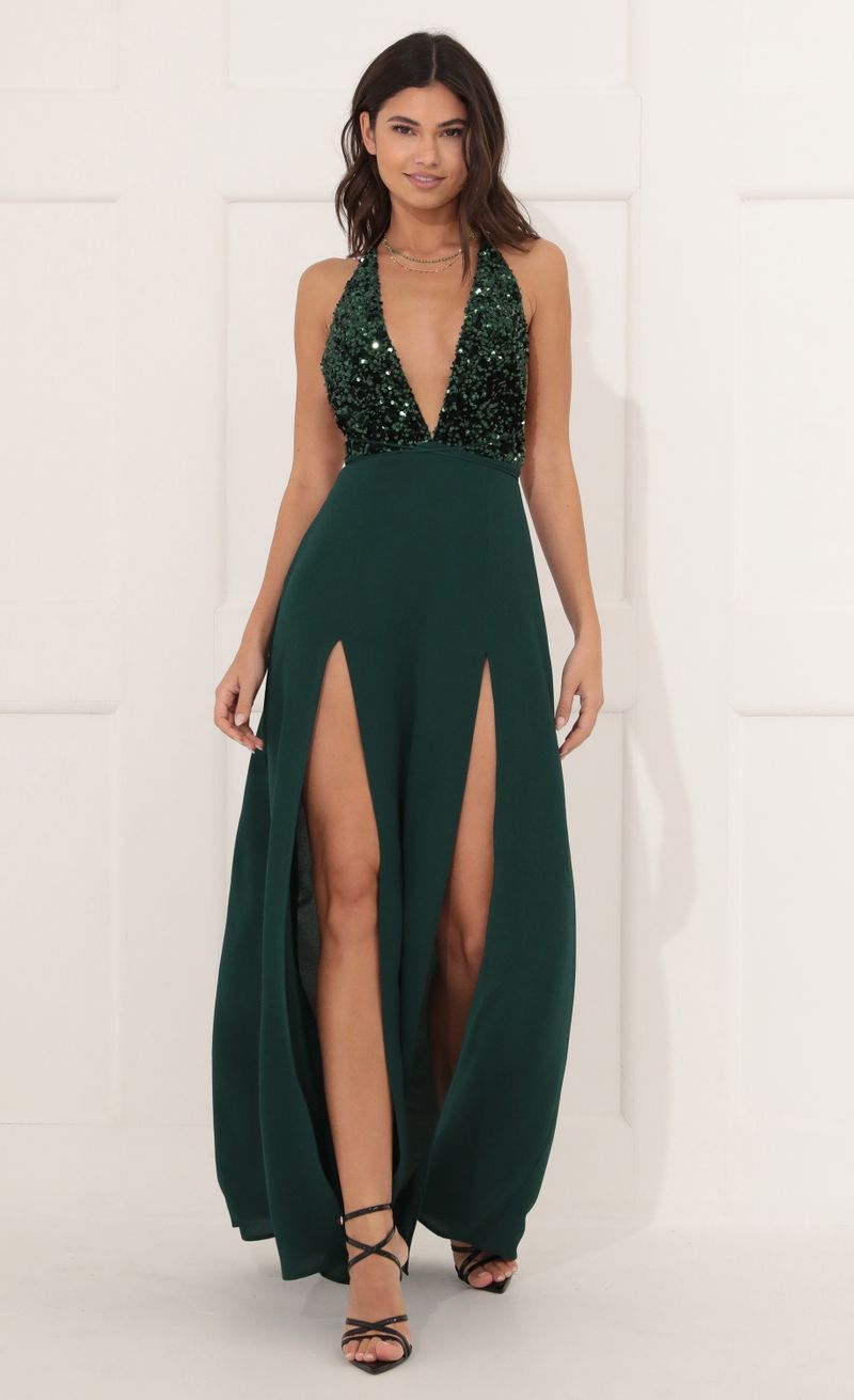 Picture Allure Sequin Maxi Dress in Green. Source: https://media.lucyinthesky.com/data/Dec21_2/800xAUTO/1V9A80561.JPG