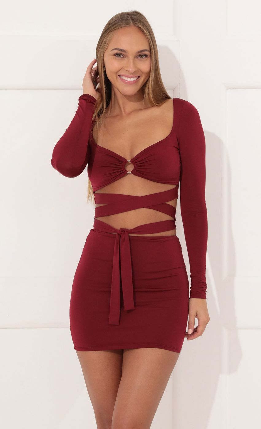 Picture Annikah Bodycon Two Piece Set in Red. Source: https://media.lucyinthesky.com/data/Dec21_2/850xAUTO/1V9A62101.JPG