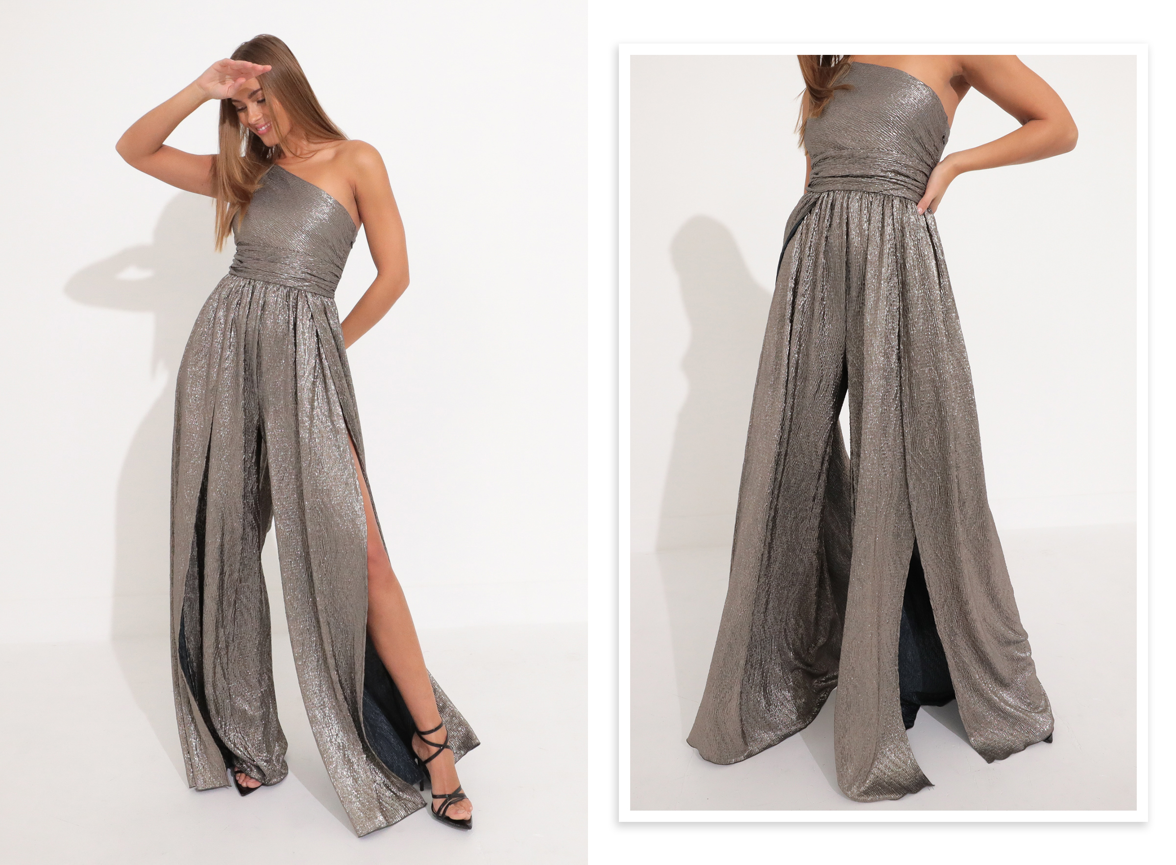 Mary One Shoulder Jumpsuit in Silver Shimmer