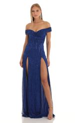 Picture Sena Sequin Striped Off The Shoulder Maxi Dress in Blue. Source: https://media.lucyinthesky.com/data/Dec22/150xAUTO/16c54c5a-da82-4253-b4f7-fd4d1054960a.jpg