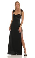 Picture Aries Satin Side Slit Maxi Dress in Black. Source: https://media.lucyinthesky.com/data/Dec22/150xAUTO/3cf3f5fe-1cc3-411c-8f0b-8b66a7c86a17.jpg